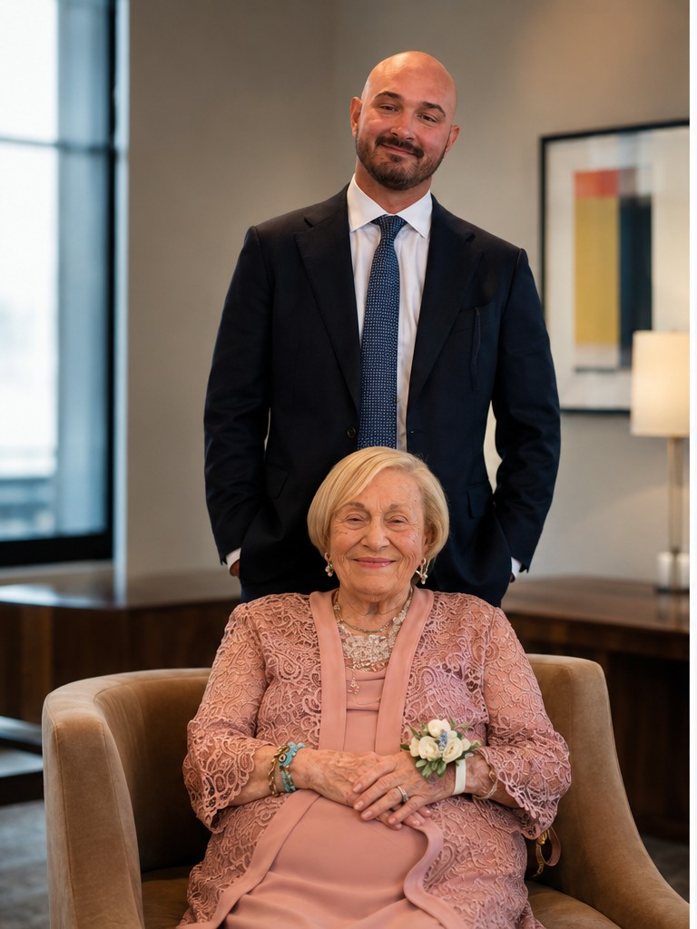 Michael von Heesen in a suit standing behind his grandmother, who is seated in a pink dress