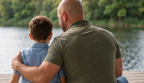 A father with his arm around his young son, sitting together by a lake